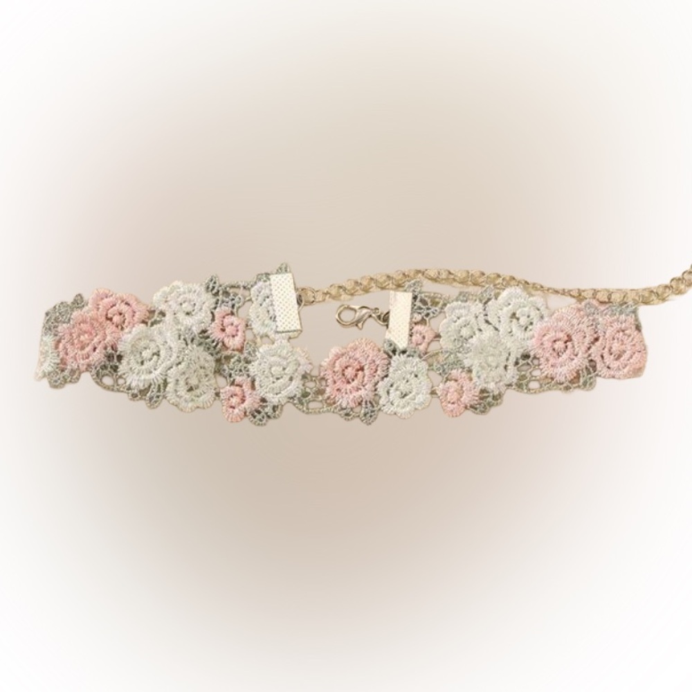 Delicate Pink and Blue-gray Floral Lace Chocker Necklace